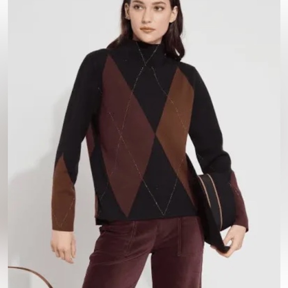 Lysse Sweaters - LYSSE New York Women's Black and Brown Argyle Sweater